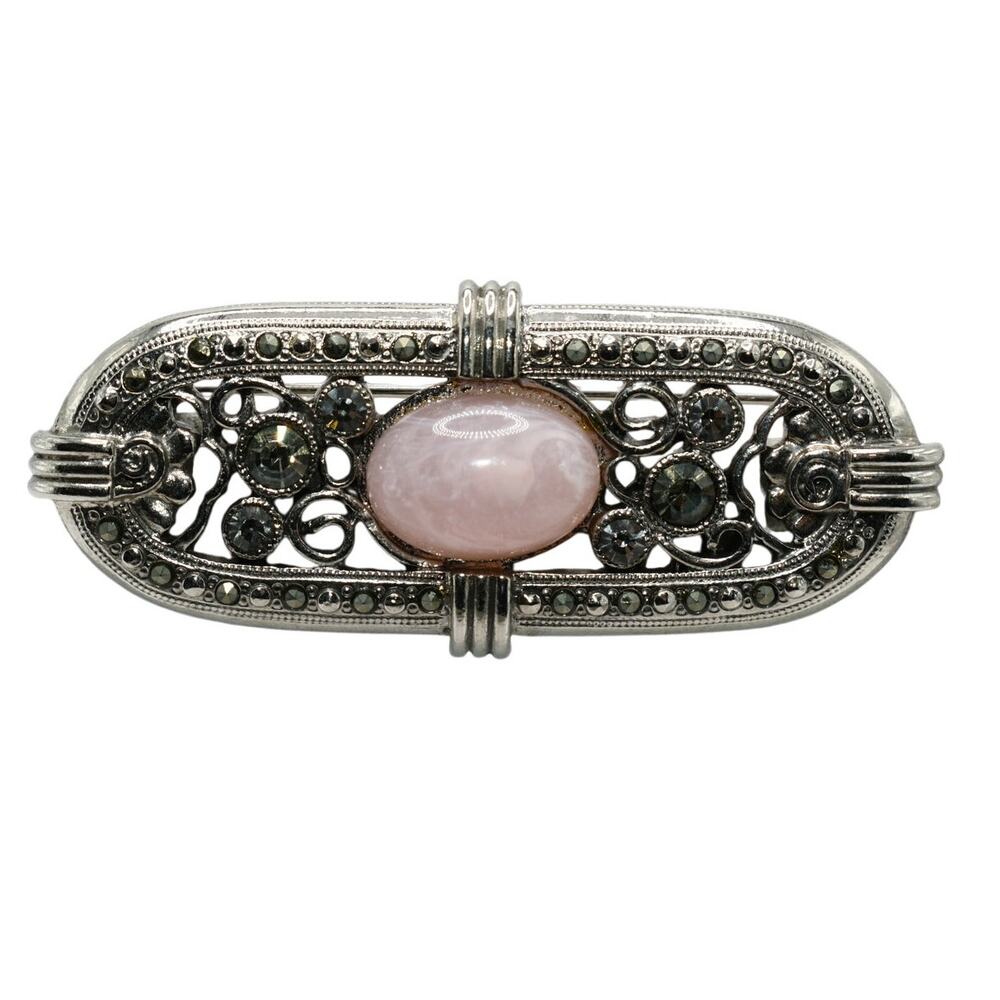 1928 Vintage Silver Tone Brooch Pink Lucite Cabochon Rhinestones
